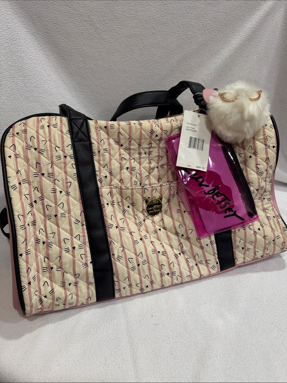 Betsey Johnson Pink and Black Quilted Cat-Print Travel Bag